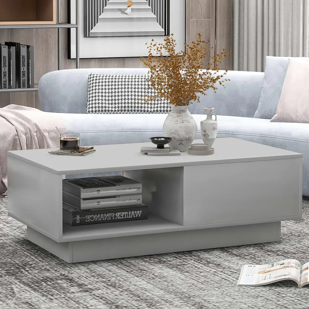 Single Drawer Coffee Table with LED - Grey, High Gloss
