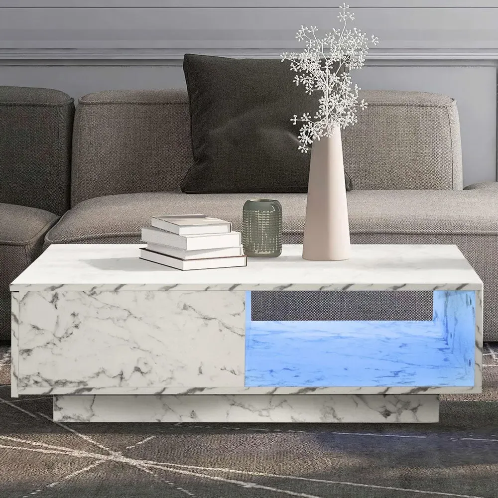 Single Drawer Coffee Table with LED - White, High Gloss