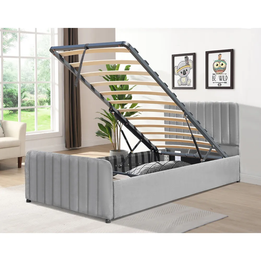 Single Ottoman Bed Frame with Storage - Grey, Velvet