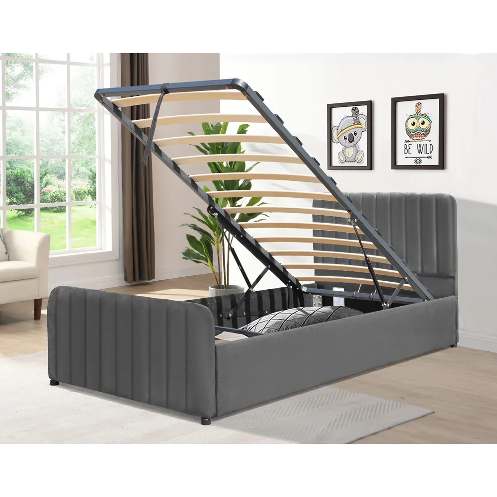 Single Ottoman Bed Frame with Storage - Grey, Velvet