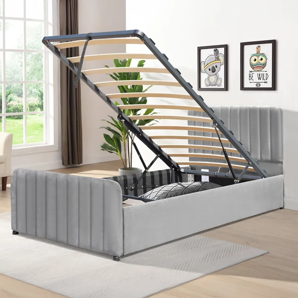 Single Ottoman Bed Frame with Storage - Grey, Velvet