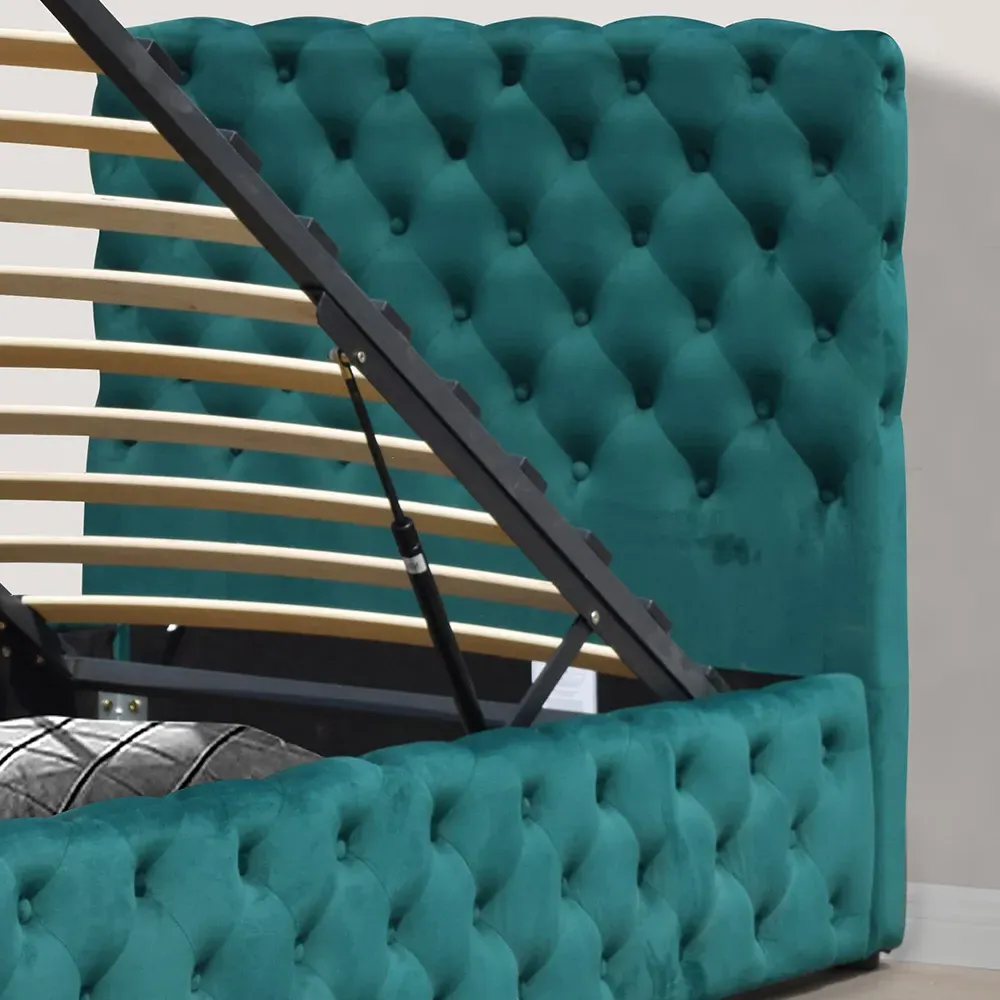 Single Tufted Bed Frame with Storage - Green, Fabric