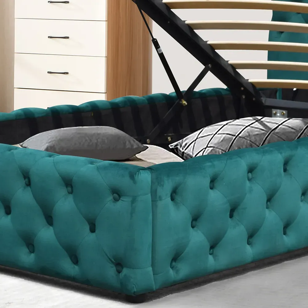 Single Tufted Bed Frame with Storage - Green, Fabric
