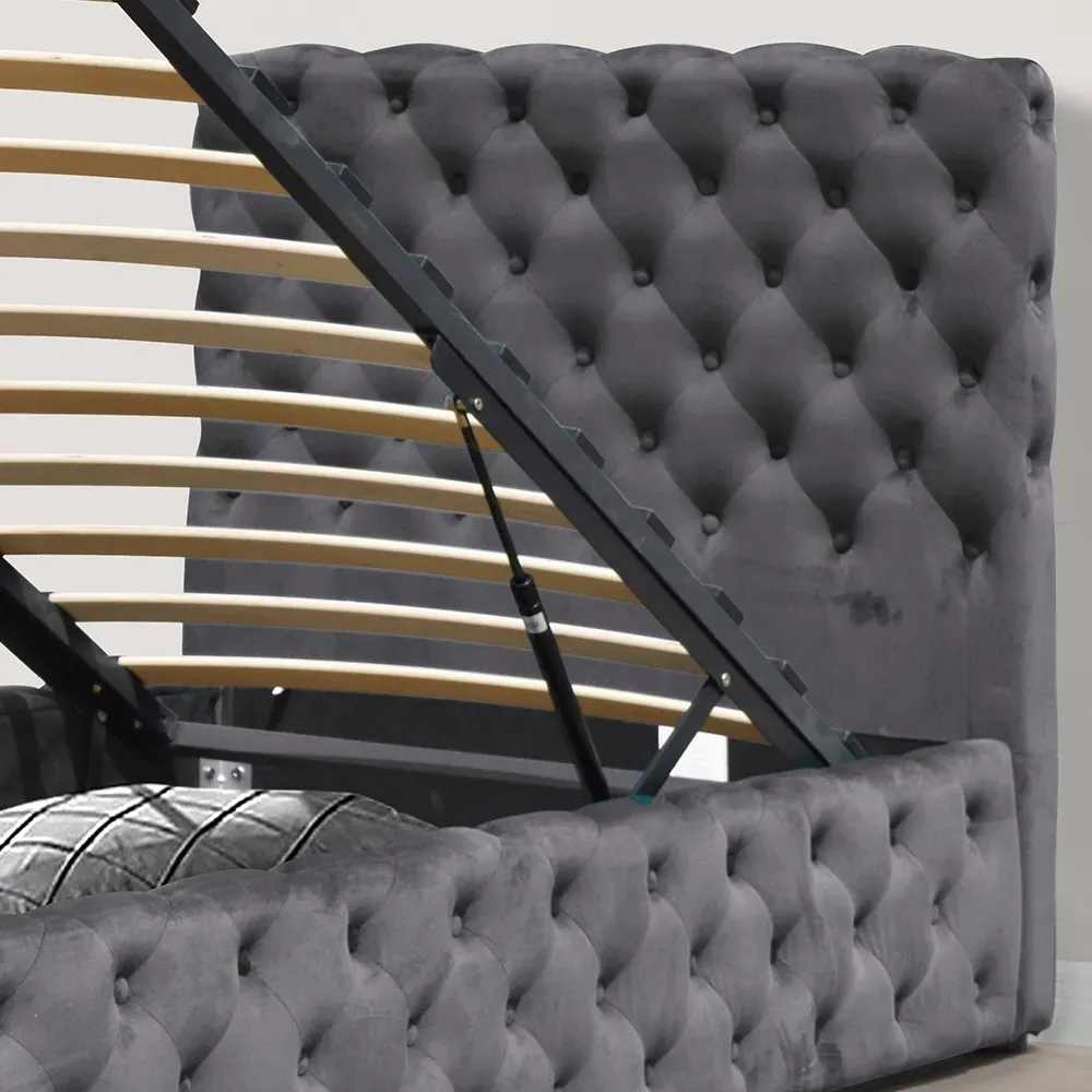 Single Tufted Bed Frame with Storage - Grey, Fabric