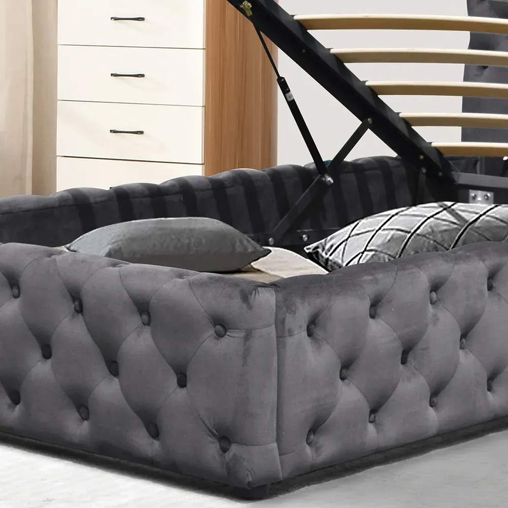 Single Tufted Bed Frame with Storage - Grey, Fabric