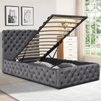 Single Tufted Bed Frame with Storage - Grey, Fabric
