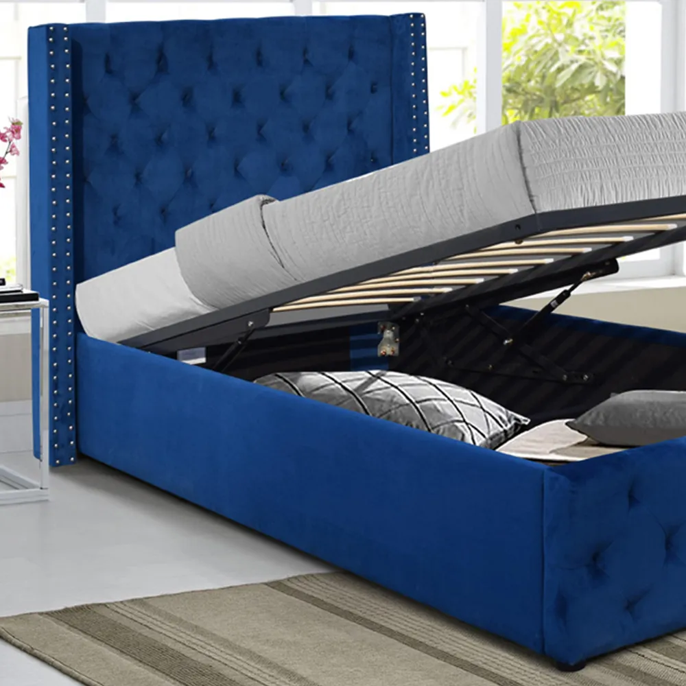 Single Winged Ottoman Bed Frame with Storage - Blue, Velvet