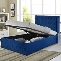 Single Winged Ottoman Bed Frame with Storage - Blue, Velvet