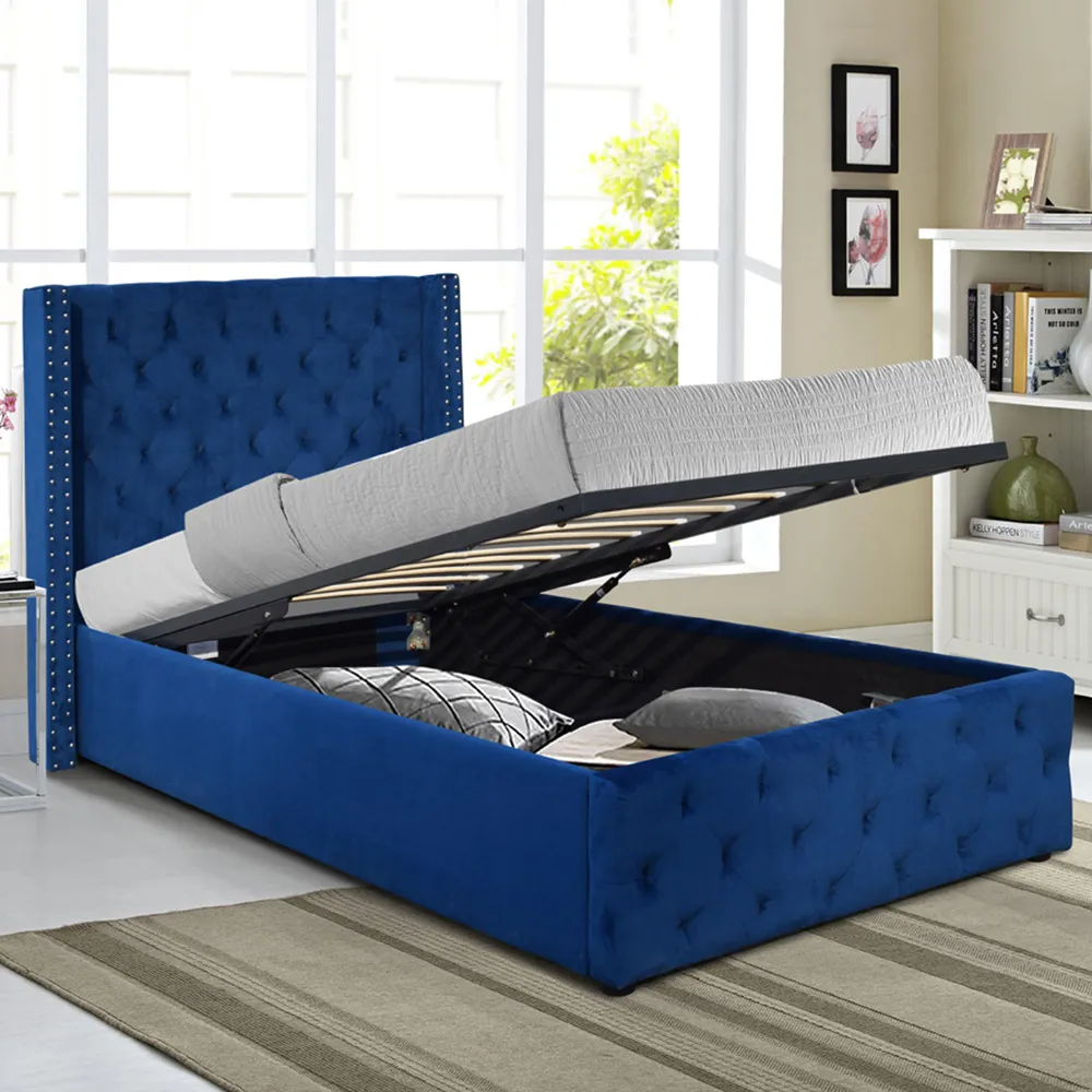 Single Winged Ottoman Bed Frame with Storage - Blue, Velvet