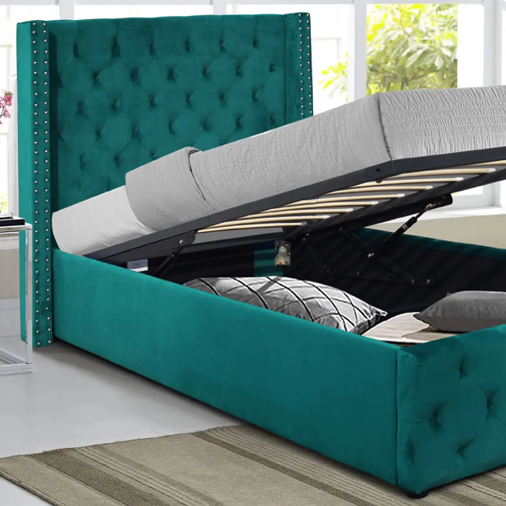 Single Winged Ottoman Bed Frame with Storage - Green, Velvet