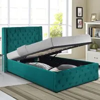 Single Winged Ottoman Bed Frame with Storage - Green, Velvet