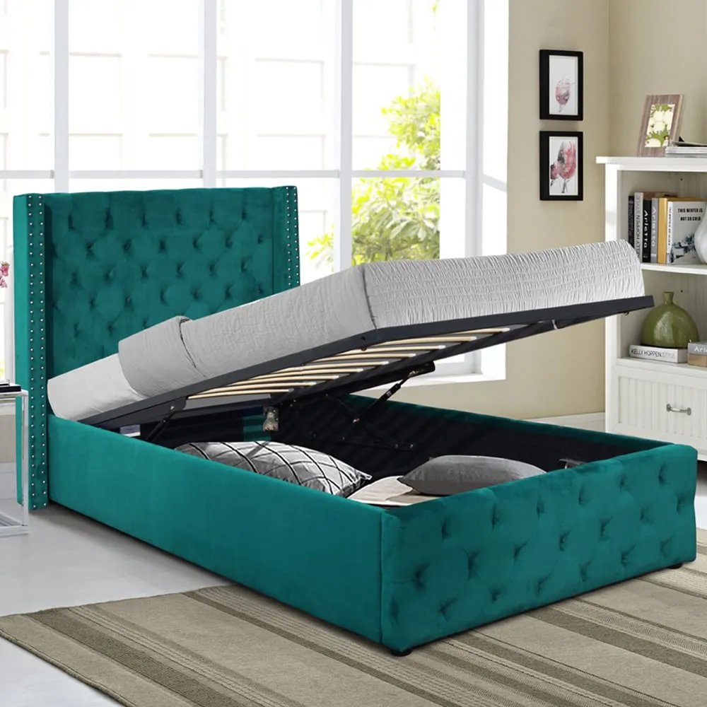 Single Winged Ottoman Bed Frame with Storage - Green, Velvet