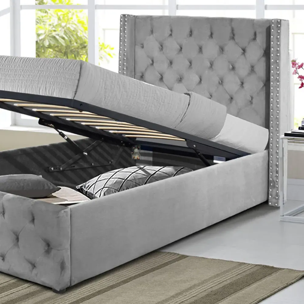 Single Winged Ottoman Bed Frame with Storage - Grey, Velvet