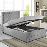 Single Winged Ottoman Bed Frame with Storage - Grey, Velvet