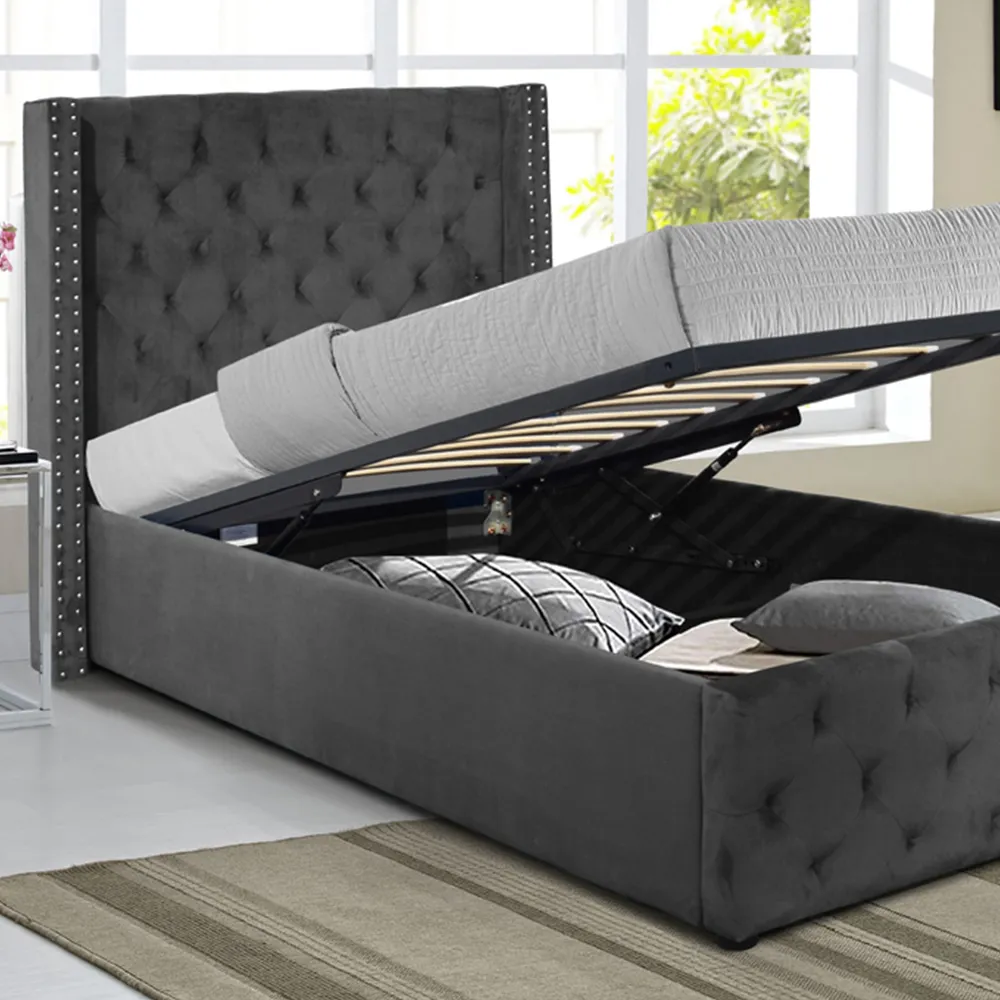 Single Winged Ottoman Bed Frame with Storage - Grey, Velvet