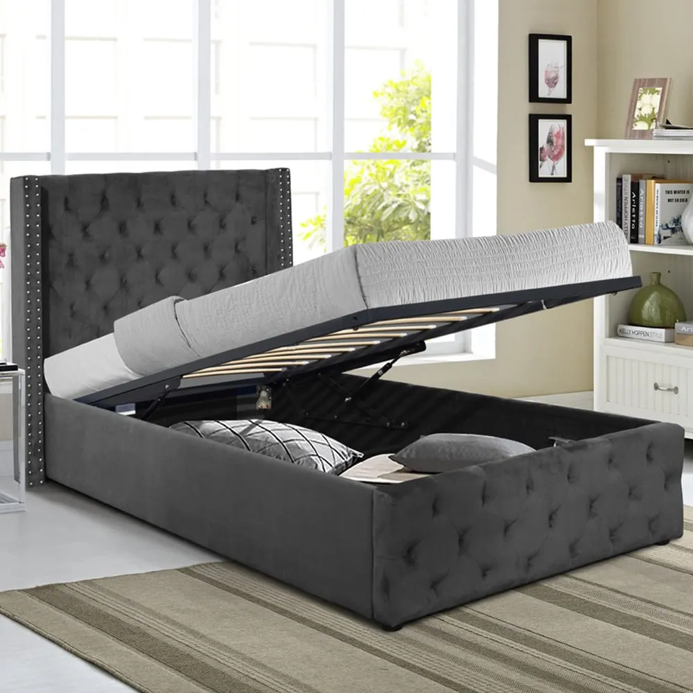 Single Winged Ottoman Bed Frame with Storage - Grey, Velvet