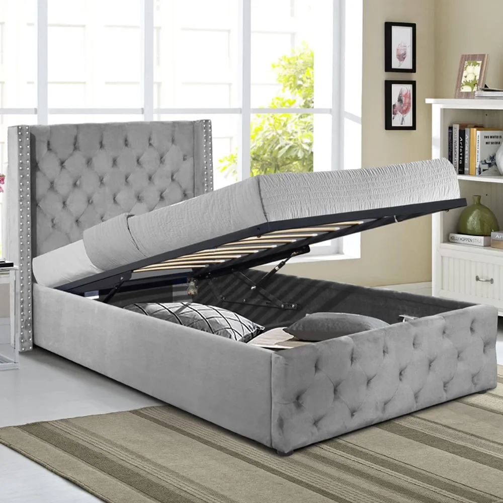 Single Winged Ottoman Bed Frame with Storage - Grey, Velvet