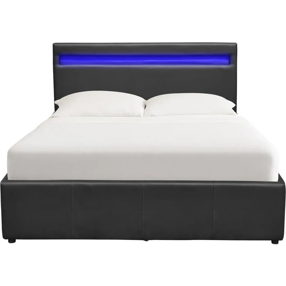 Small Double Ottoman Bed Frame with LED - Black, Faux Leather