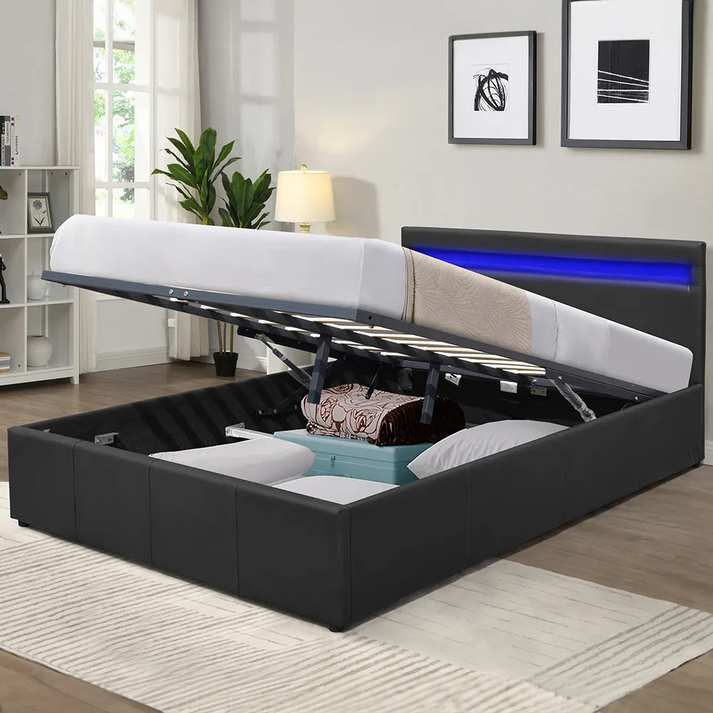 Small Double Ottoman Bed Frame with LED - Black, Faux Leather