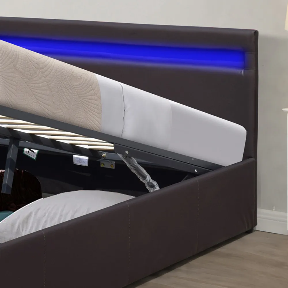 Small Double Ottoman Bed Frame with LED - Brown, Faux Leather