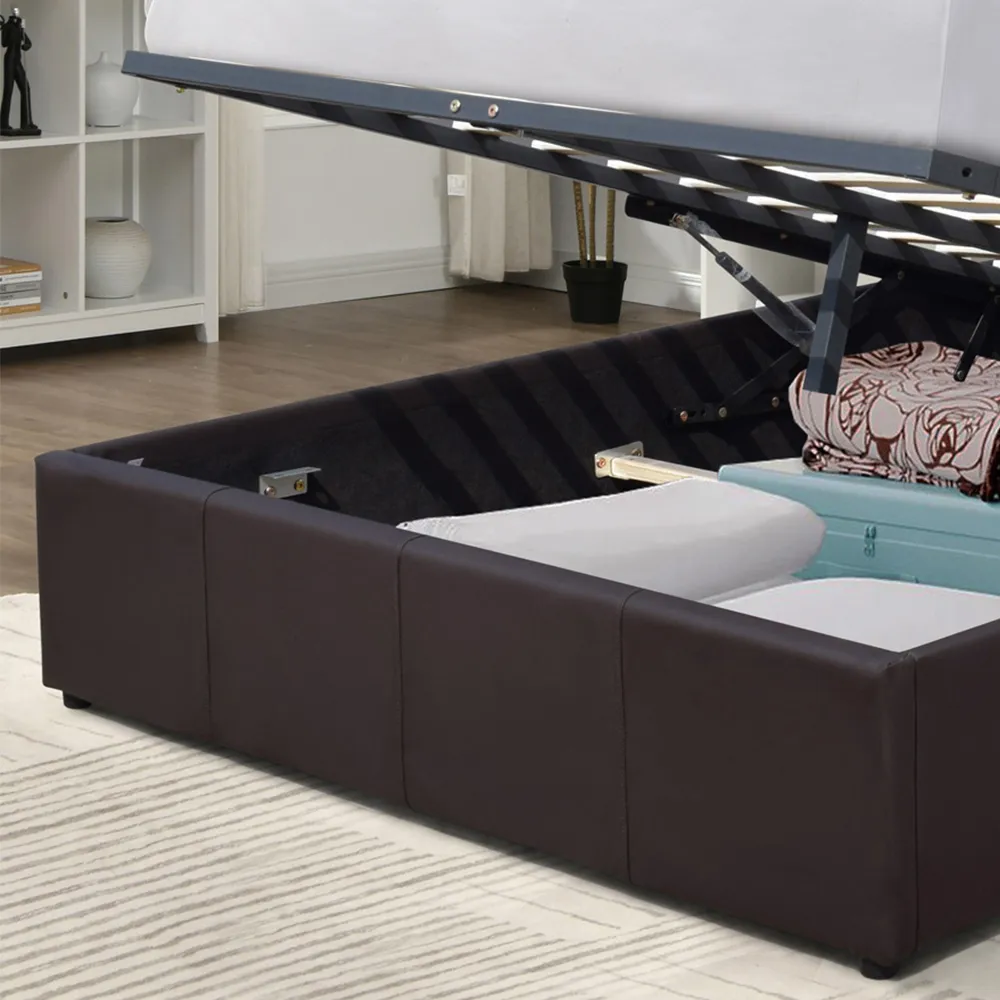 Small Double Ottoman Bed Frame with LED - Brown, Faux Leather