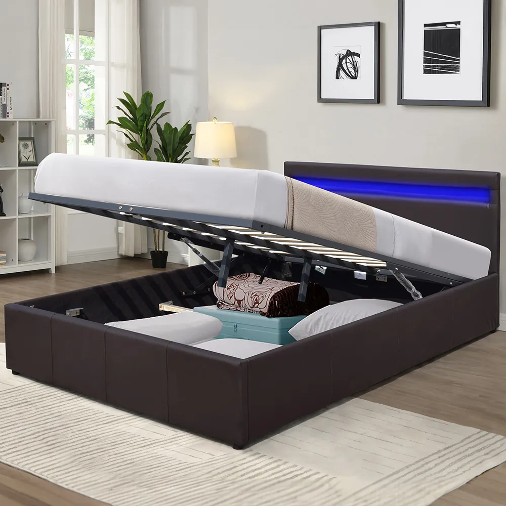 Small Double Ottoman Bed Frame with LED - Brown, Faux Leather