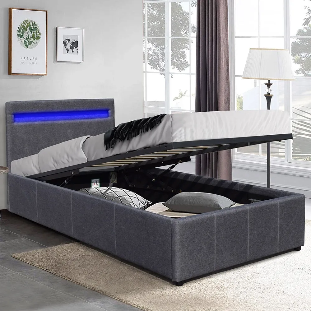 Small Double Ottoman Bed Frame with LED Storage - Dark Grey