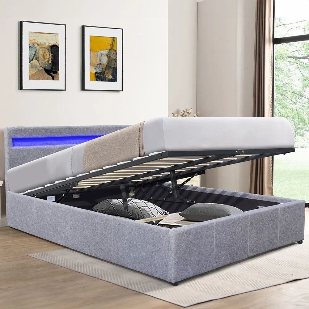 Small Double Ottoman Bed Frame with LED Storage - Grey