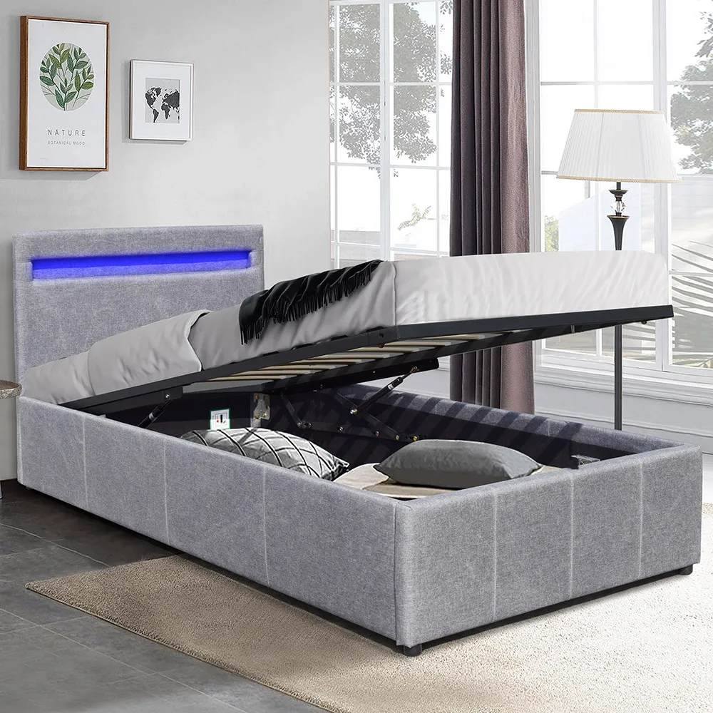 Small Double Ottoman Bed Frame with LED Storage - Light Grey