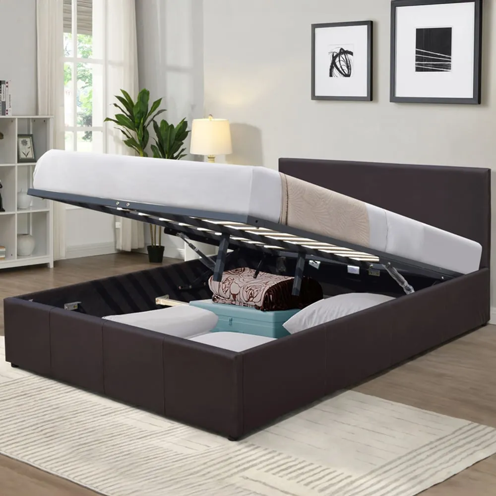 Small Double Ottoman Bed Frame with Storage - Brown, Faux Leather