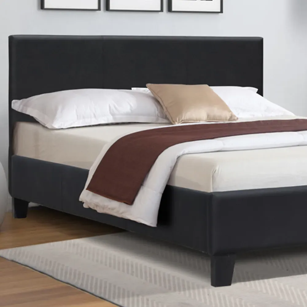 Small Double Sleigh Bed Frame with Padded Headboard - Black, Faux Leather