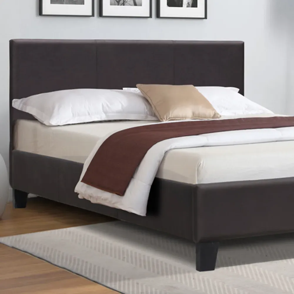 Small Double Sleigh Bed Frame with Padded Headboard - Brown, Faux Leather