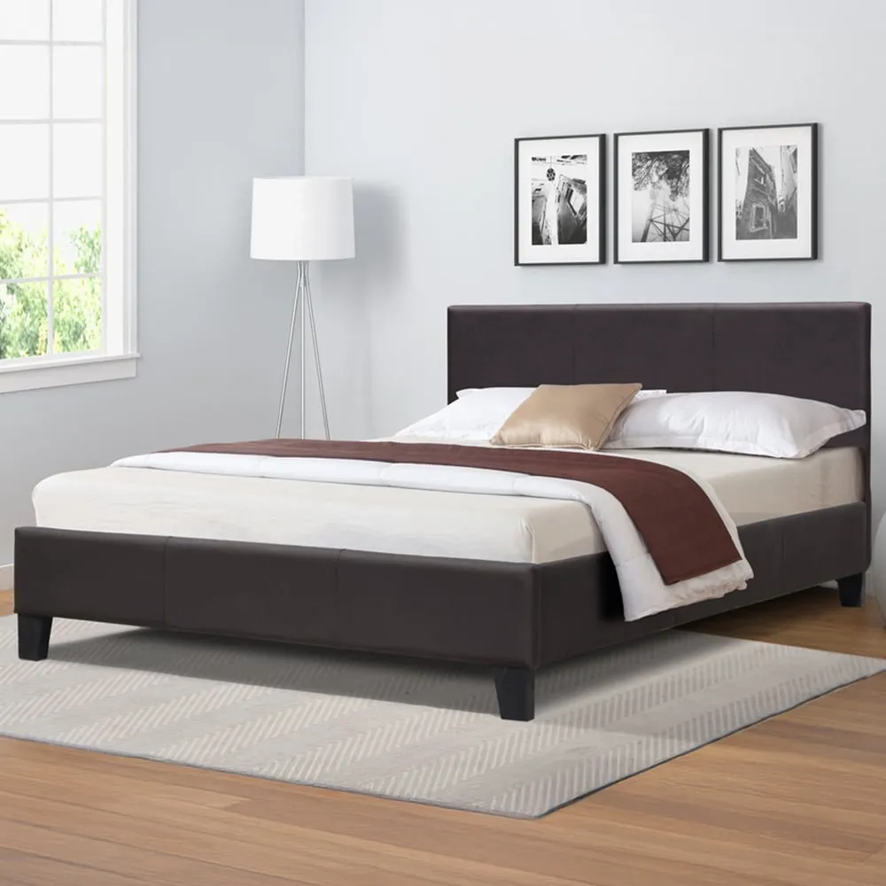 Small Double Sleigh Bed Frame with Padded Headboard - Brown, Faux Leather