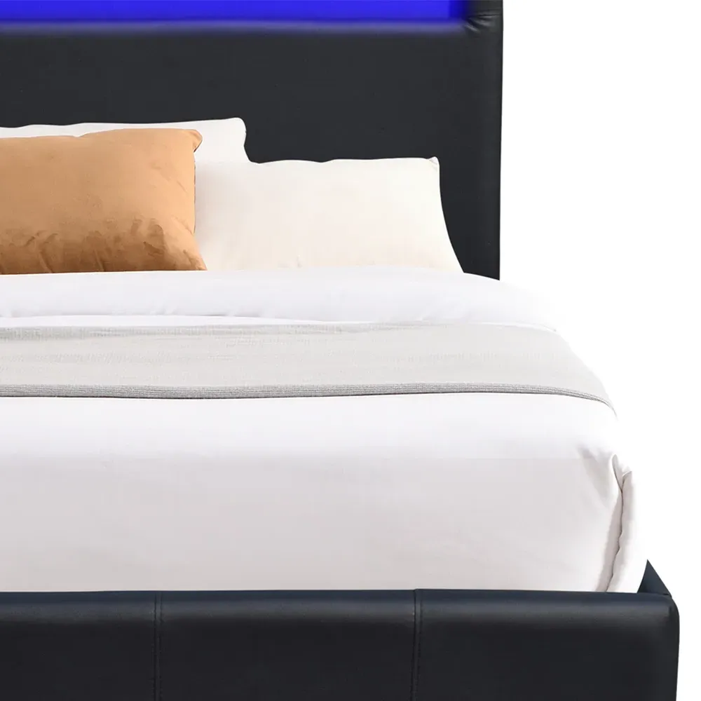 Small Ottoman Bed Frame with LED - Black, Faux Leather