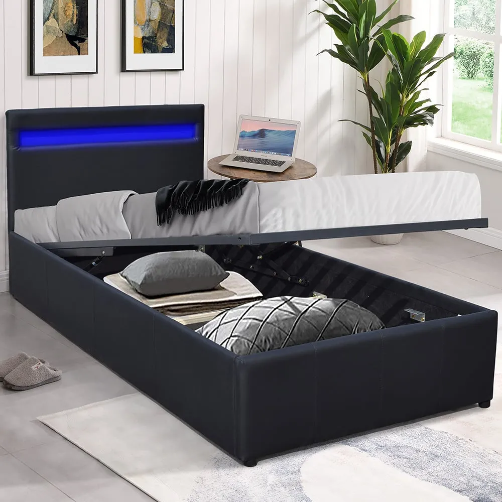Small Ottoman Bed Frame with LED - Black, Faux Leather