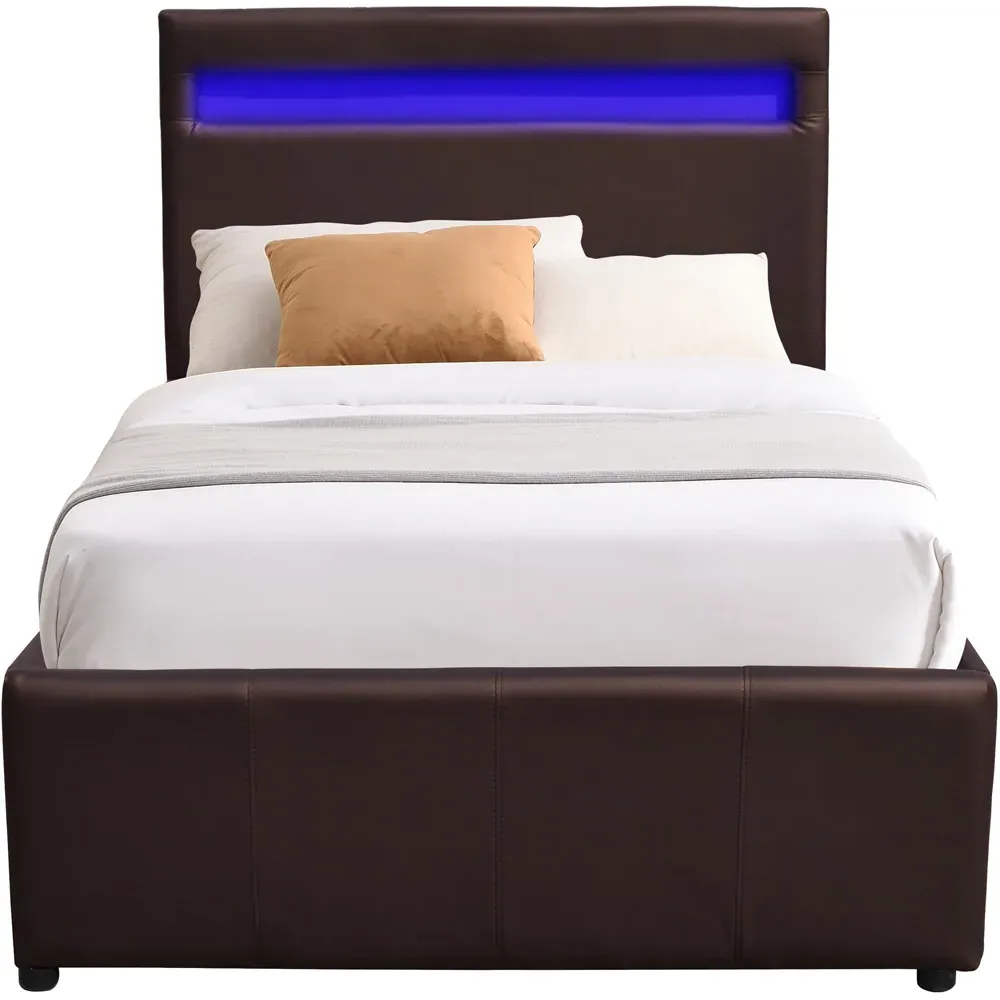 Small Ottoman Bed Frame with LED - Brown, Faux Leather