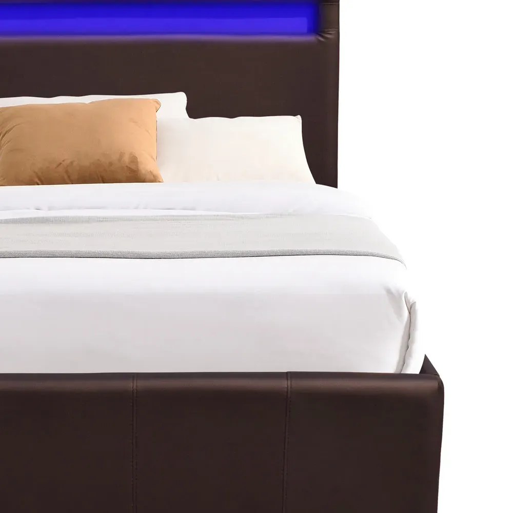 Small Ottoman Bed Frame with LED - Brown, Faux Leather