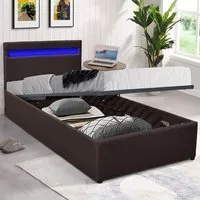 Small Ottoman Bed Frame with LED - Brown, Faux Leather