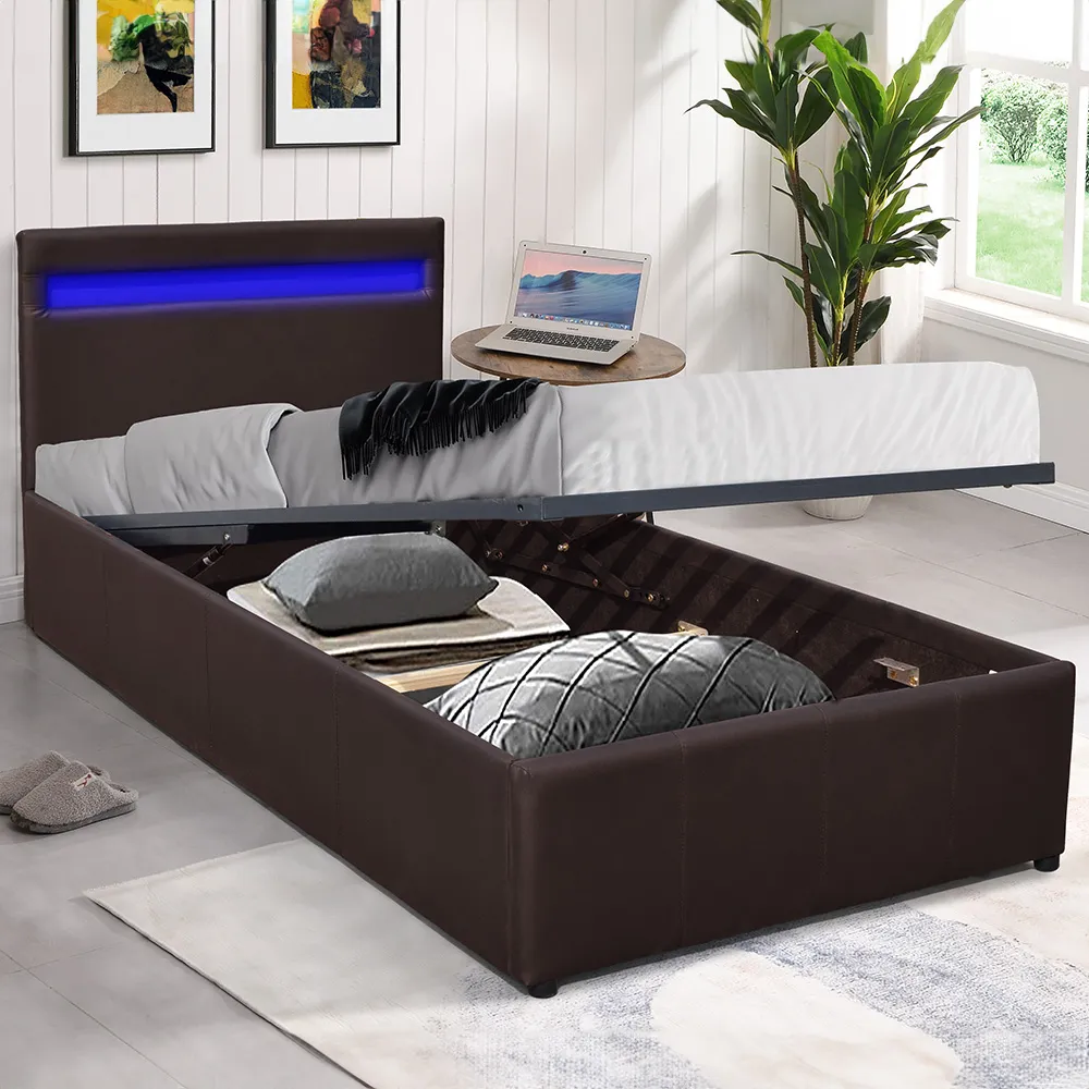 Small Ottoman Bed Frame with LED - Brown, Faux Leather
