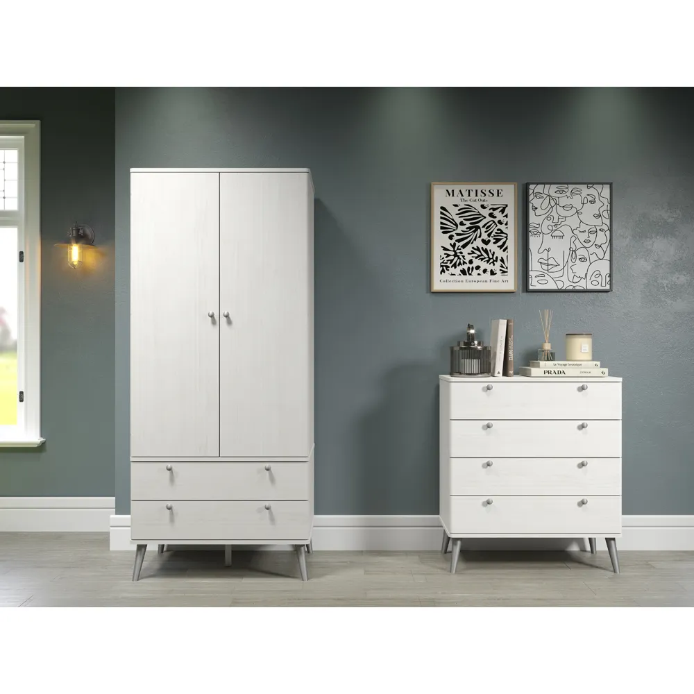 Augusta Curve 2 Door 2 Drawer Wardrobe - White, Pine