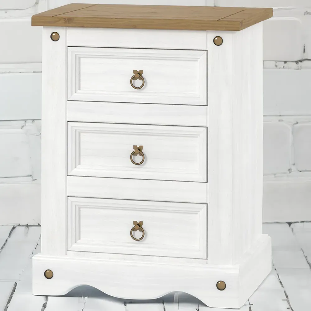 Corona 3 Drawer Bedside Cabinet - White, Pine image