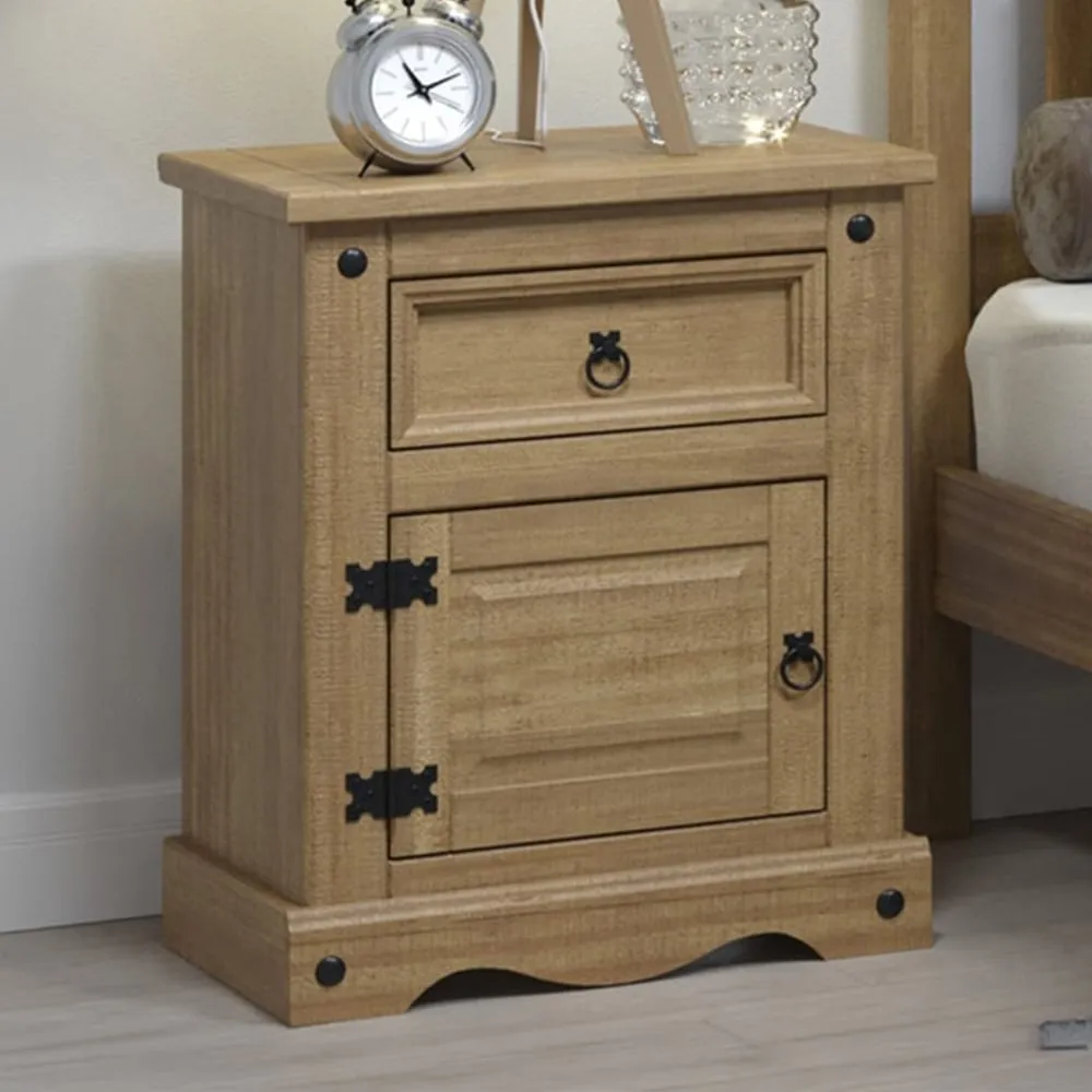 Corona Single Door Bedside Table with Drawer - Brown, Pine