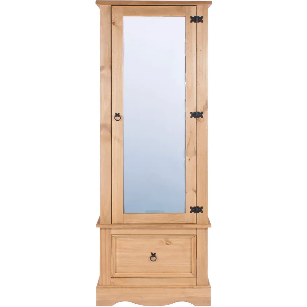 Corona Single Door Mirrored Wardrobe with Drawer - Brown, Pine