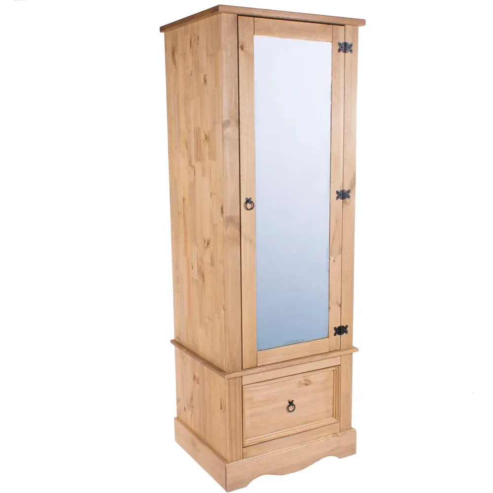 Corona Single Door Mirrored Wardrobe with Drawer - Brown, Pine