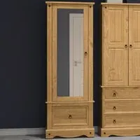 Corona Single Door Mirrored Wardrobe with Drawer - Brown, Pine