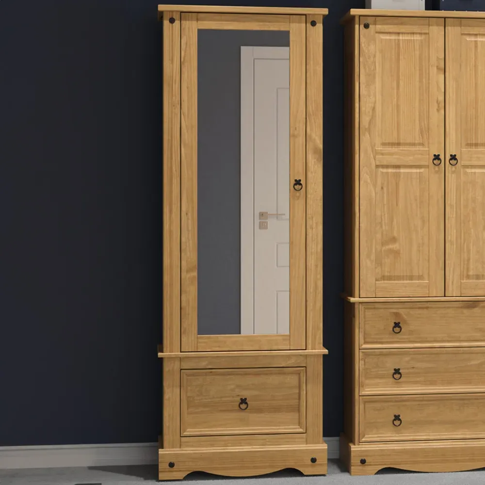 Corona Single Door Mirrored Wardrobe with Drawer - Brown, Pine