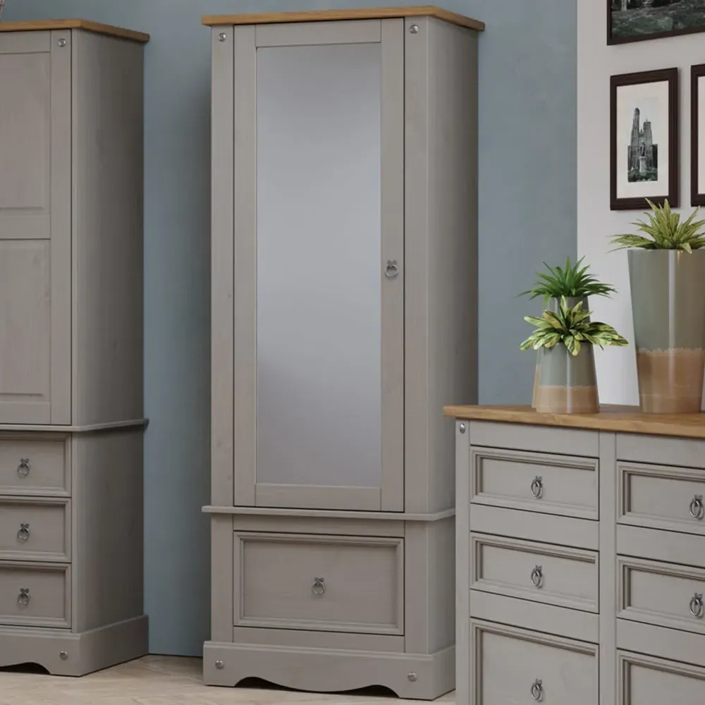 Corona Single Door Mirrored Wardrobe with Drawer - Grey
