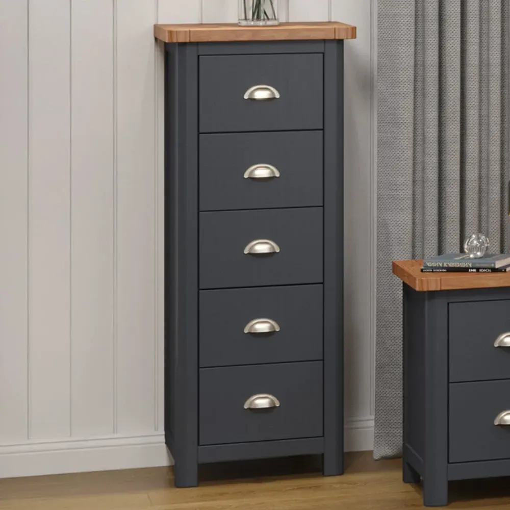 Dunkeld 5 Drawer Narrow Chest of Drawers - Blue, Oak image