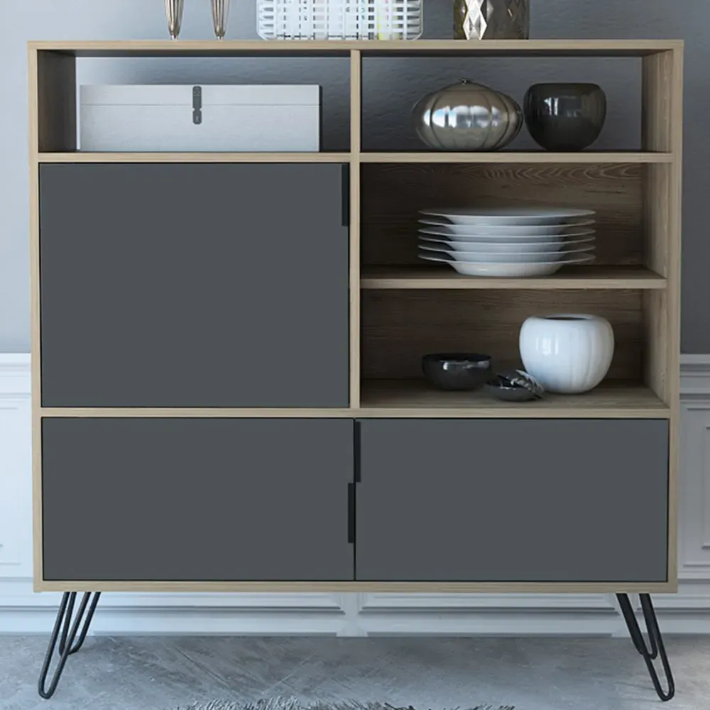 Vegas 3 Door High Sideboard - Oak, Grey