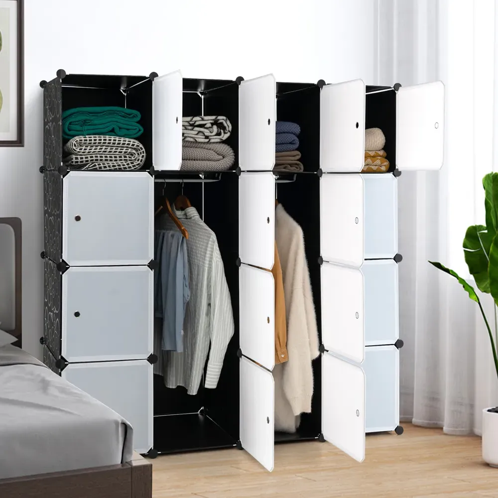 16 Cube Storage Cabinet with Hanging Rails - Black, White